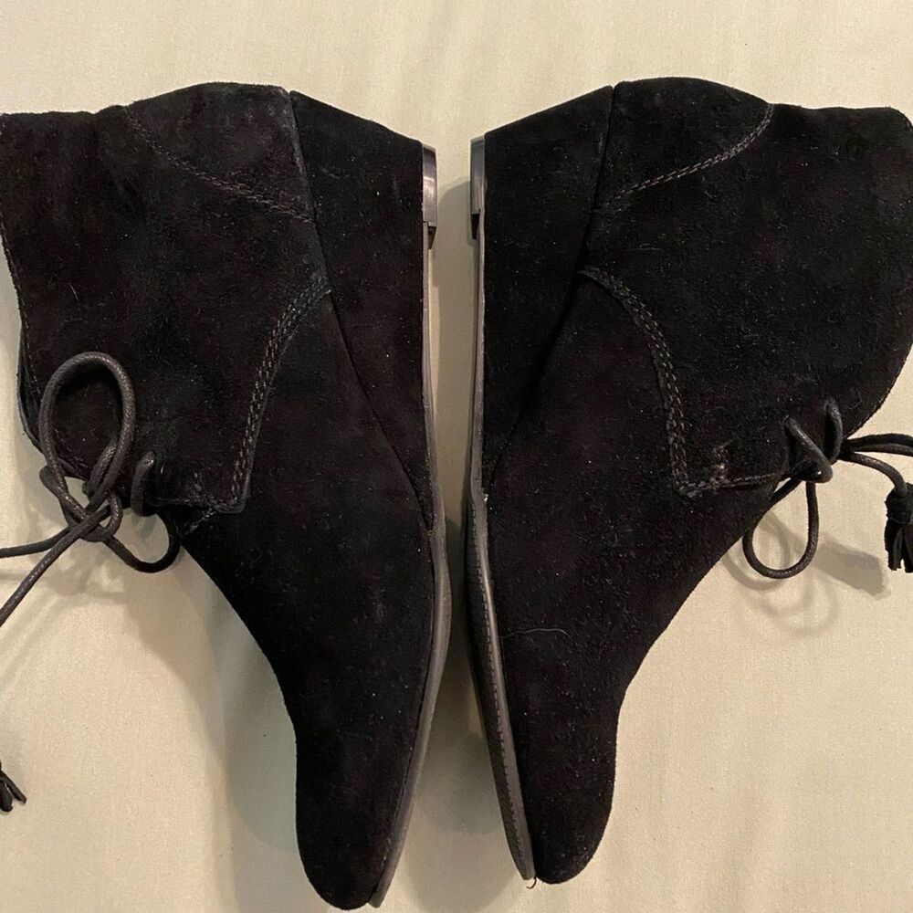 - Mari A Macy’s Black Suede Lace‑Up Ankle Booties 10M Wedge Heel